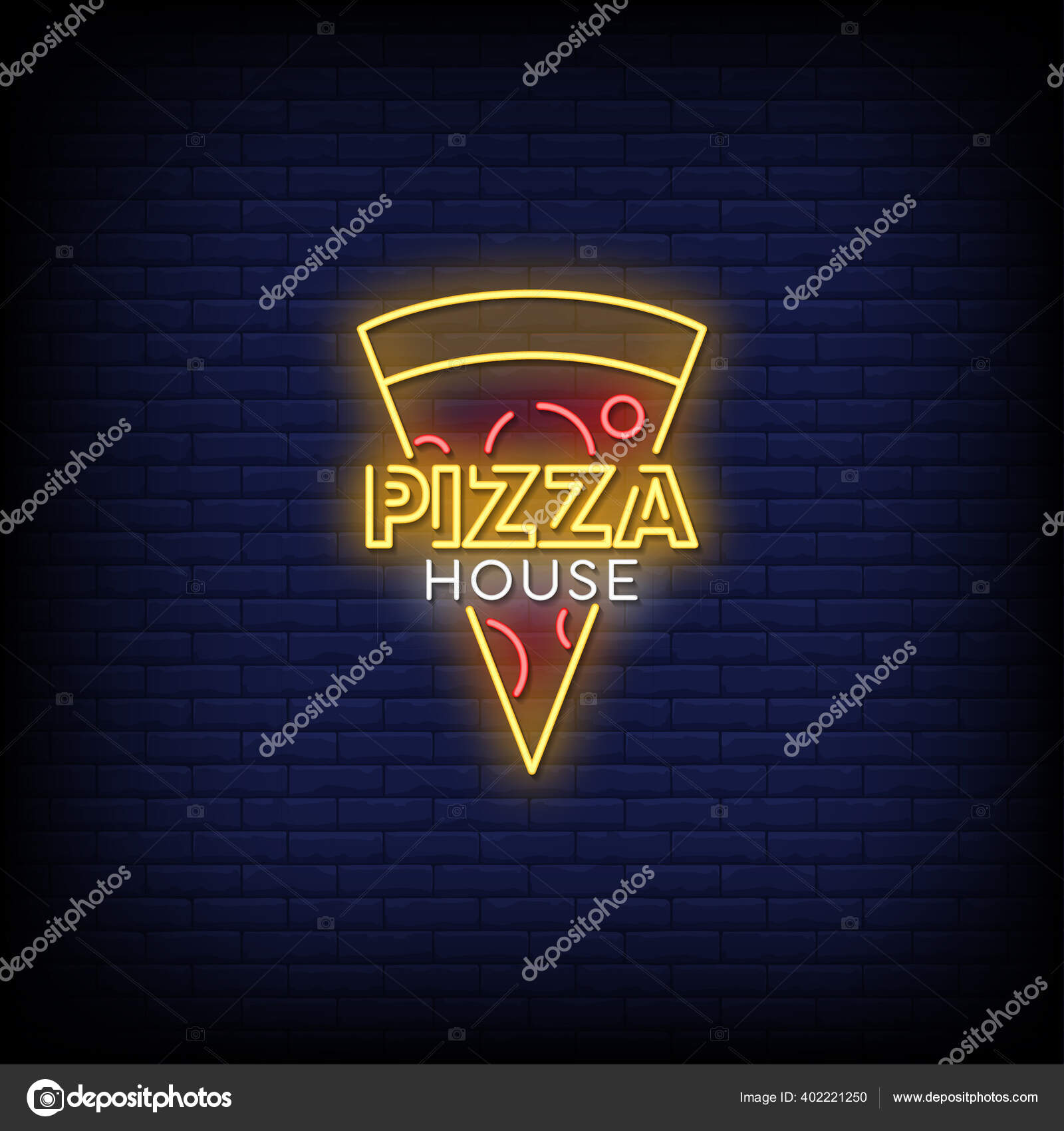 Неоновая Пиццерия Поет Фоне Синей Кирпичной Стены Векторное.