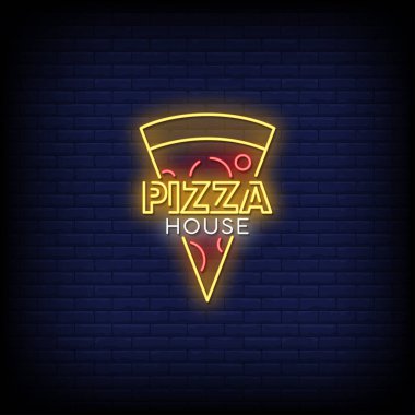 Pizzacı, mavi tuğla duvar arkasında neon şarkı söylüyor.