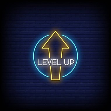 mavi tuğla duvar arka planında neon şarkı seviyesini yükselt