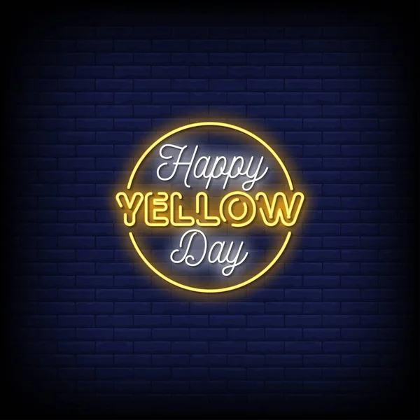 Ευτυχισμένη Κίτρινη Μέρα Νέον Τραγουδούν Μπλε Φόντο Τοίχο Τούβλο — Διανυσματικό Αρχείο