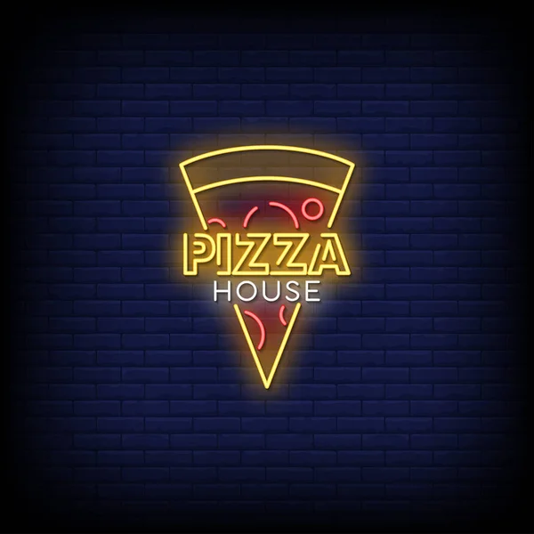 Pizza Dům Neon Zpěv Modré Cihlové Zdi Pozadí — Stockový vektor