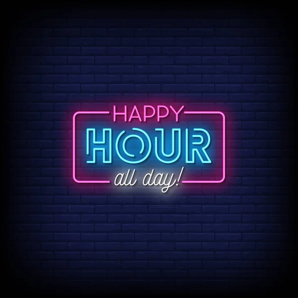 Happy Hour Hele Dag Neon Zingen Blauwe Baksteen Muur Achtergrond — Stockvector