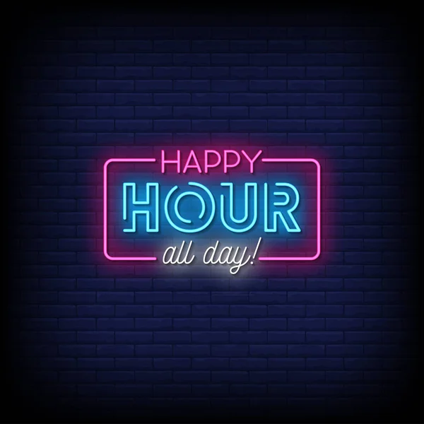 Happy Hour Todo Día Neón Cantar Sobre Fondo Pared Ladrillo — Archivo Imágenes Vectoriales