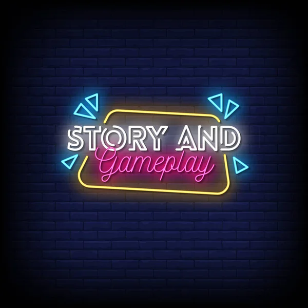Story Gameplay Neon Sing Blue Brick Wall Background — Stock Vector