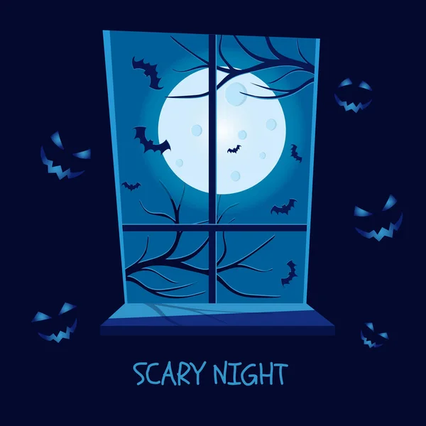 Halloween-Szene. Blick aus dem Fenster. Gruselige Nacht — Stockvektor