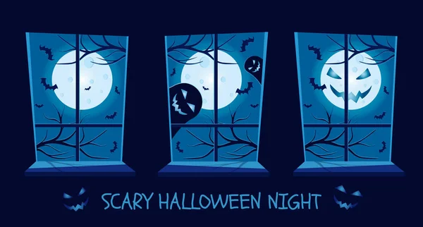 Szenerie zu Halloween. Blick aus dem Fenster. Gruselige Nacht — Stockvektor