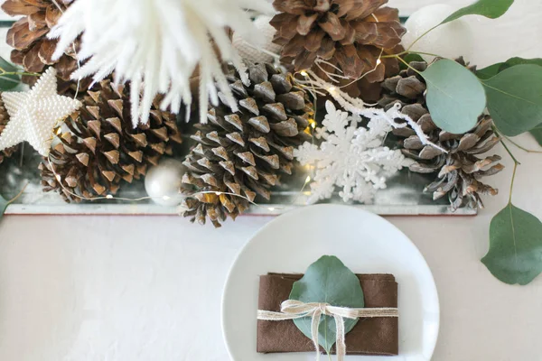 Décoration de table d'hiver avec mini sapin de Noël, cônes de pin et — Photo