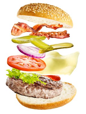 fast food burger malzemeler, sığır eti, domates, peynir, salata, çörekler, soğan, salatalık 