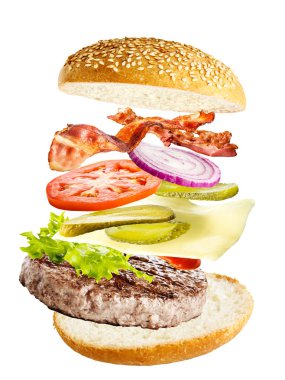 fast food burger malzemeler, sığır eti, domates, peynir, salata, çörekler, soğan, salatalık 