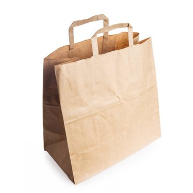 beyaz izole kolları ile bir kahverengi zanaat kağıt torba 