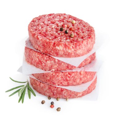 biberiye ve biberiye ile burger pişirmek için kıyma dilimleri, beyaz izole 