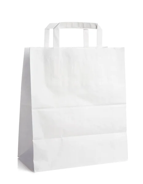 One White Craft Paper Bag Handles Isolated White — Stock Photo, Image