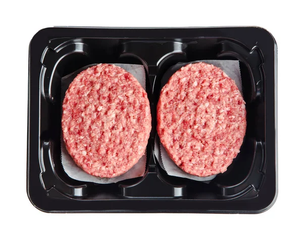 プラスチック製のブラックボックスにひき肉 肉ミンチ 白で分離 — ストック写真