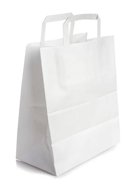 One White Craft Paper Bag Handles Isolated White — Stock Photo, Image