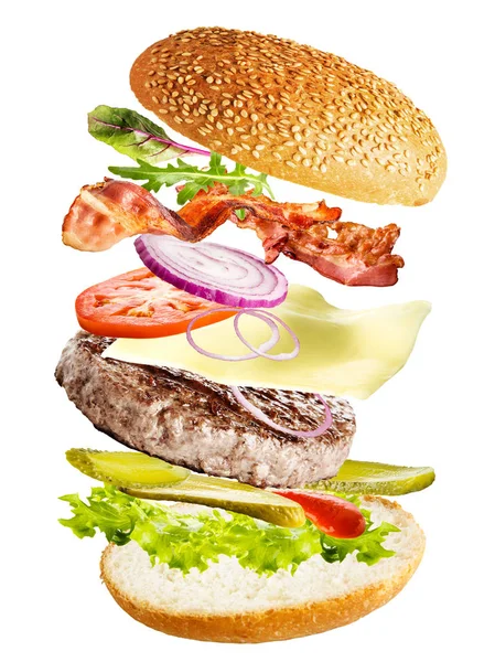 Fast Food Burger Ingrediente Carne Vită Roșii Brânză Salată Chifle — Fotografie, imagine de stoc