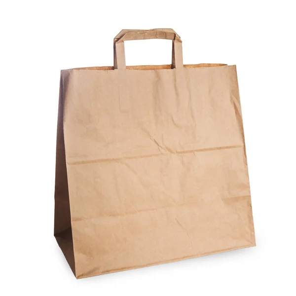 One Brown Craft Paper Bag Handles Isolated White — Stock Photo, Image