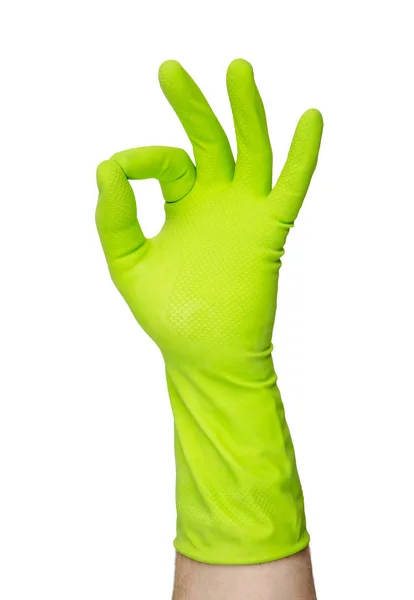 Χέρι Ένα Πράσινο Γάντι Για Τον Καθαρισμό — Φωτογραφία Αρχείου