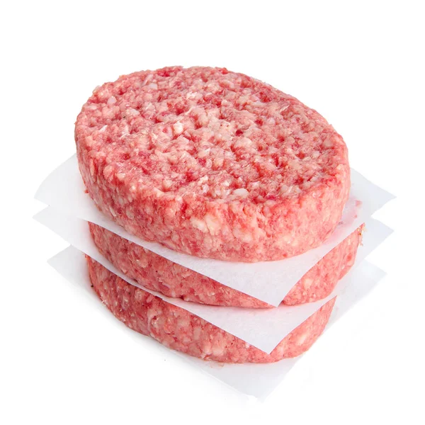 Trzy Mielone Plastry Wołowiny Gotowania Burger Izolowane Białym — Zdjęcie stockowe