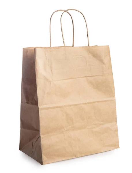 Eine Braune Bastelpapiertasche Mit Henkeln Isoliert Auf Weiß — Stockfoto