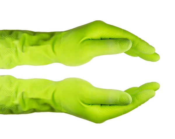 Handen Een Groene Handschoen Voor Reiniging — Stockfoto