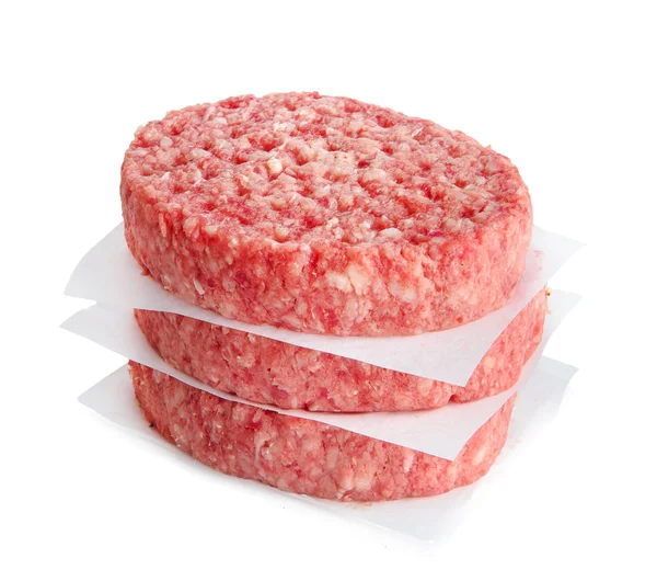 Trzy Mielone Plastry Wołowiny Gotowania Burger Izolowane Białym — Zdjęcie stockowe
