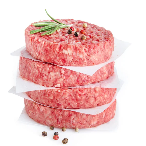 biberiye ve biberiye ile burger pişirmek için kıyma dilimleri, beyaz izole 
