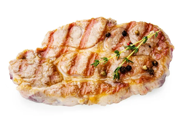 Filete Parrilla Con Pimienta Romero Hojas Hierbas Aisladas Blanco — Foto de Stock