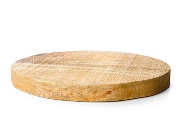 yuvarlak ahşap kesme tahtası beyaz izole, stüdyo çekim 