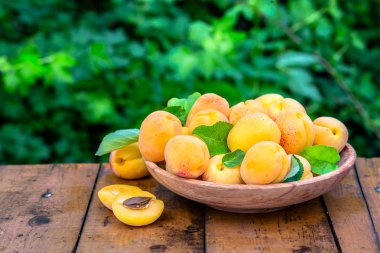 Ahşap tabak içinde sarı kayısılar. 