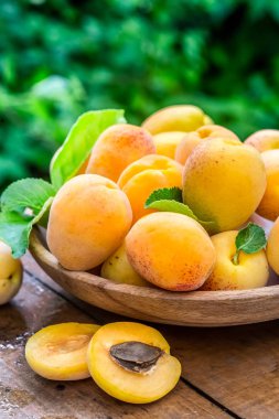 Masadaki ahşap kasede sarı kayısılar. 