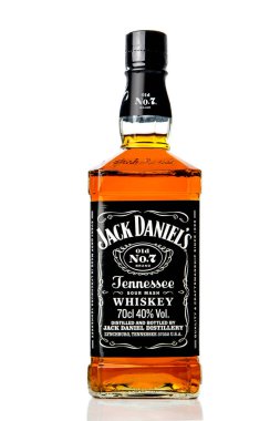 Moskova, Rusya- 12 Kasım 2016: Jack Daniels.Jack Daniel's'ın bir botle fotoğrafı dünyanın en çok satan Amerikan viskisi olan ekşi püre Tennessee viskisi markasıdır.