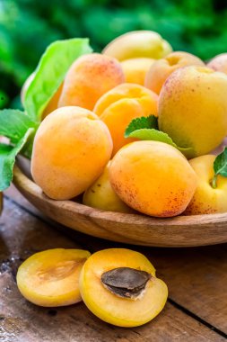 Masadaki ahşap kasede sarı kayısılar. 