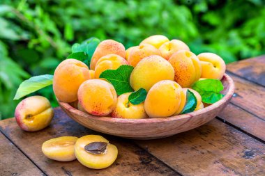 Ahşap tabak içinde sarı kayısılar. 