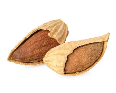 Beyaz arkaplanda izole edilmiş badem fıstıkları