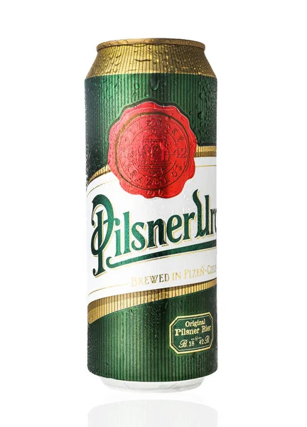 Pilsner Urquell Beer Can Isolated White Studio Czech Lager Brewed — Stock Photo, Image