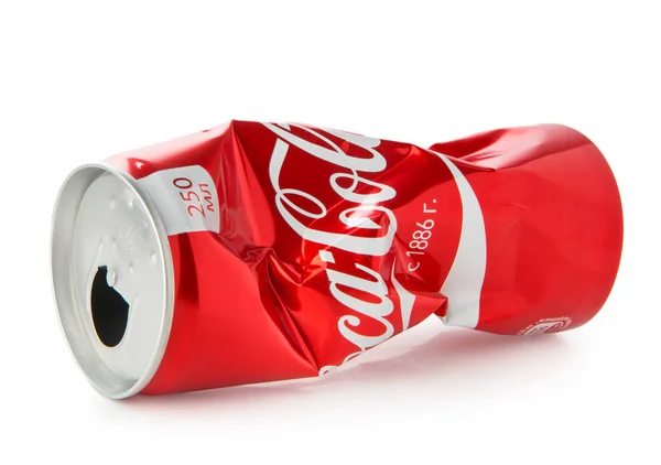 Compressed Coca Cola Can Isolated White Original Logotype — Stok Foto