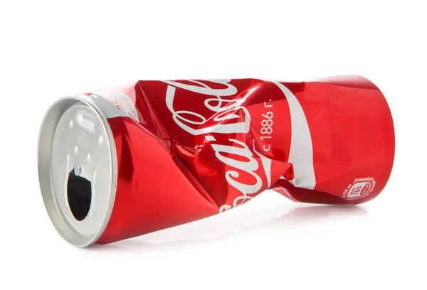 Compressed Coca Cola Can Isolated White Original Logotype — Stok Foto