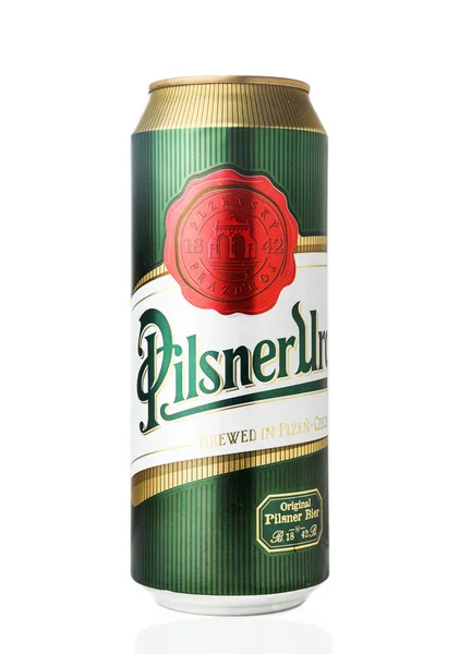 Pilsner Urquell Beer Can Isolated White Studio Czech Lager Brewed — Stock Photo, Image