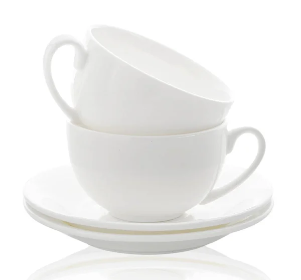 Two White Cups Plates Isolated White — Stock Photo, Image