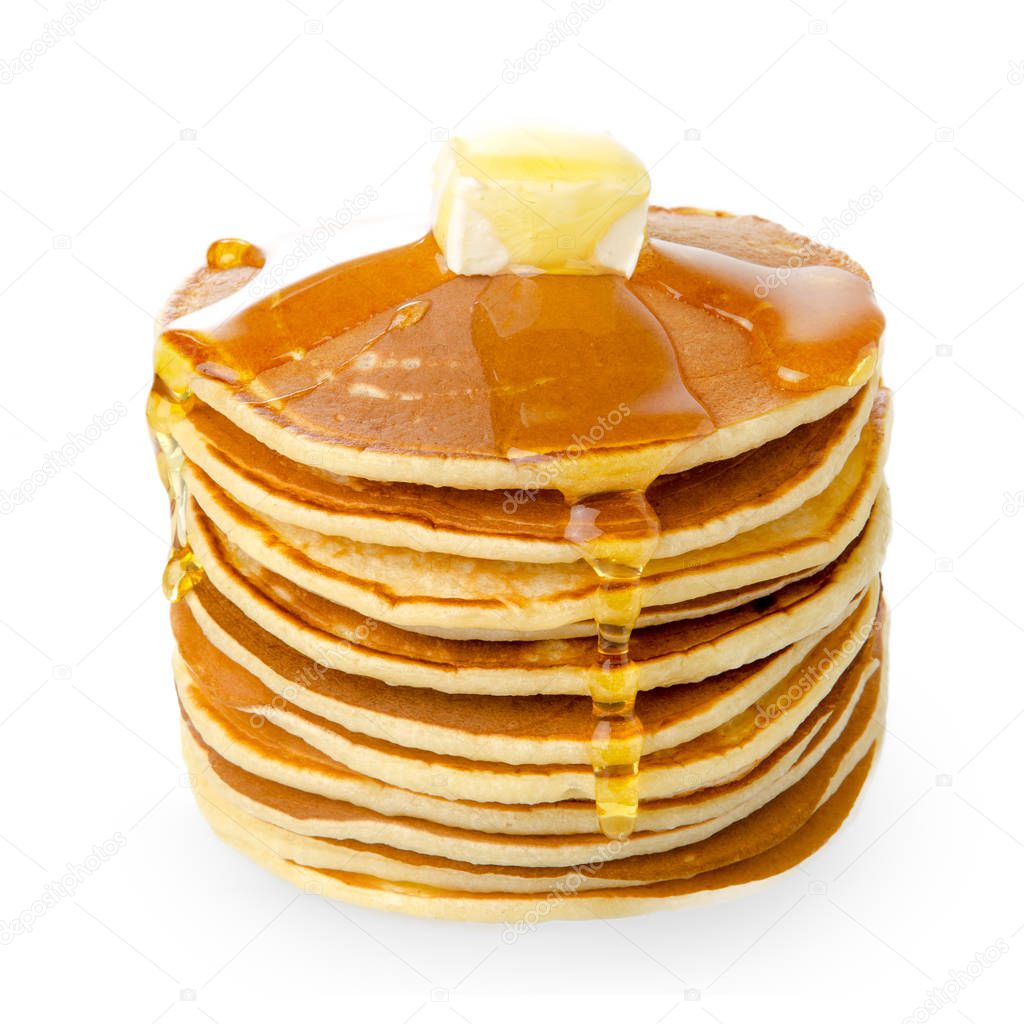 stack of brown pancakes with butter on top and maple syrup