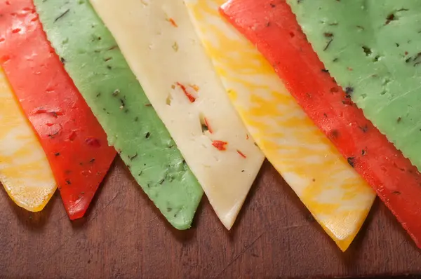 Cheese Assort Timber Board Closeup — Stock Photo, Image