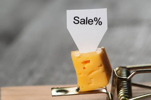 在捕鼠器中出售奶酪 风险和危险的概念 — 图库照片