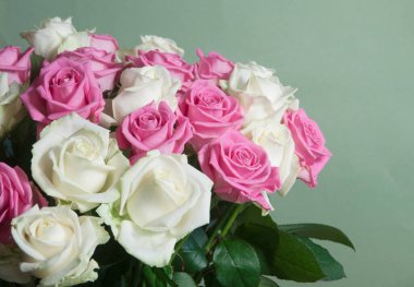 Yeşil arkaplanda güller uçuşuyor, yakın plan çekim