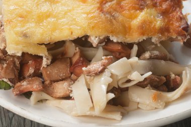 Ormanın Tavuğu (Laetiporus sülfür) mantarlı puding, makarna ve peynir