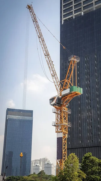 Construcción Grúas Fotográficas Ocupado Trabajando Mañana —  Fotos de Stock