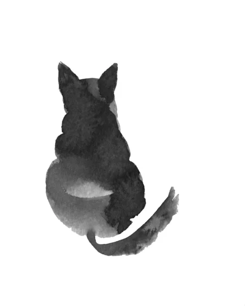 Fekete tinta macska akvarell sziluett — Stock Fotó