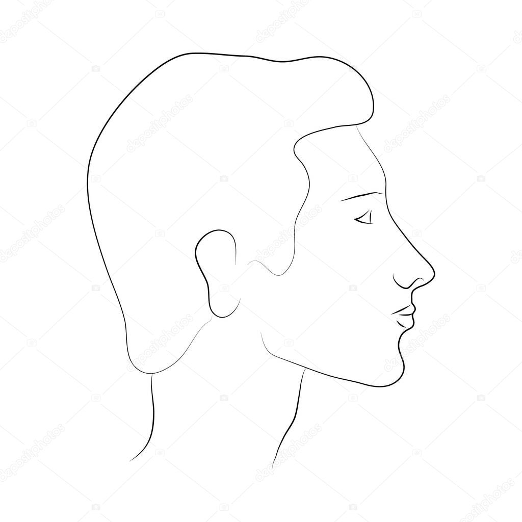 Male head in profile. Portrait of a caucasian man. Vector outline illustration. A severe look. Human icon