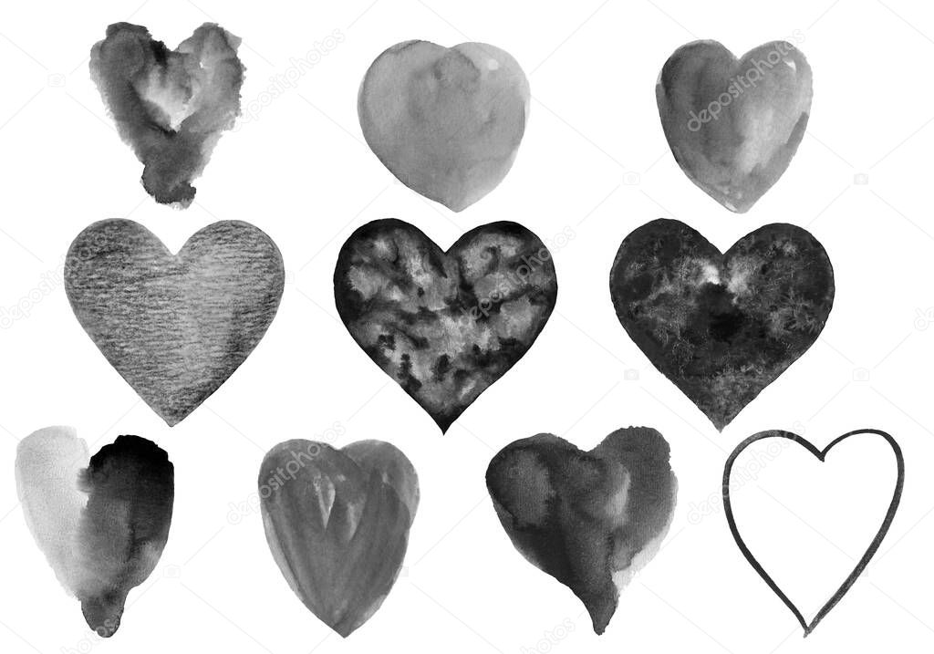 Set of watercolor black hearts