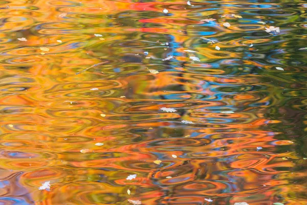 Oranje Achtergrond Van Stralend Wateroppervlak Met Herfstbladeren Reflecties Overloop Van — Stockfoto