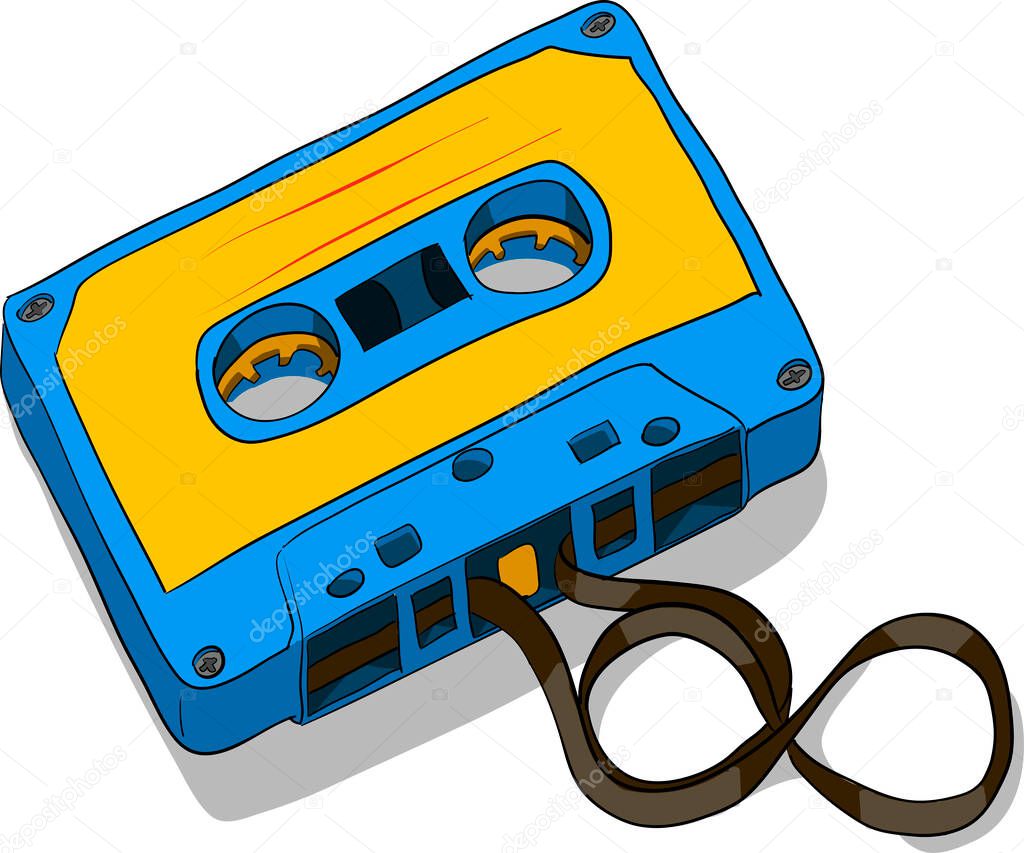 Vintage audio cassette illustration with infinity shaped messy tape.